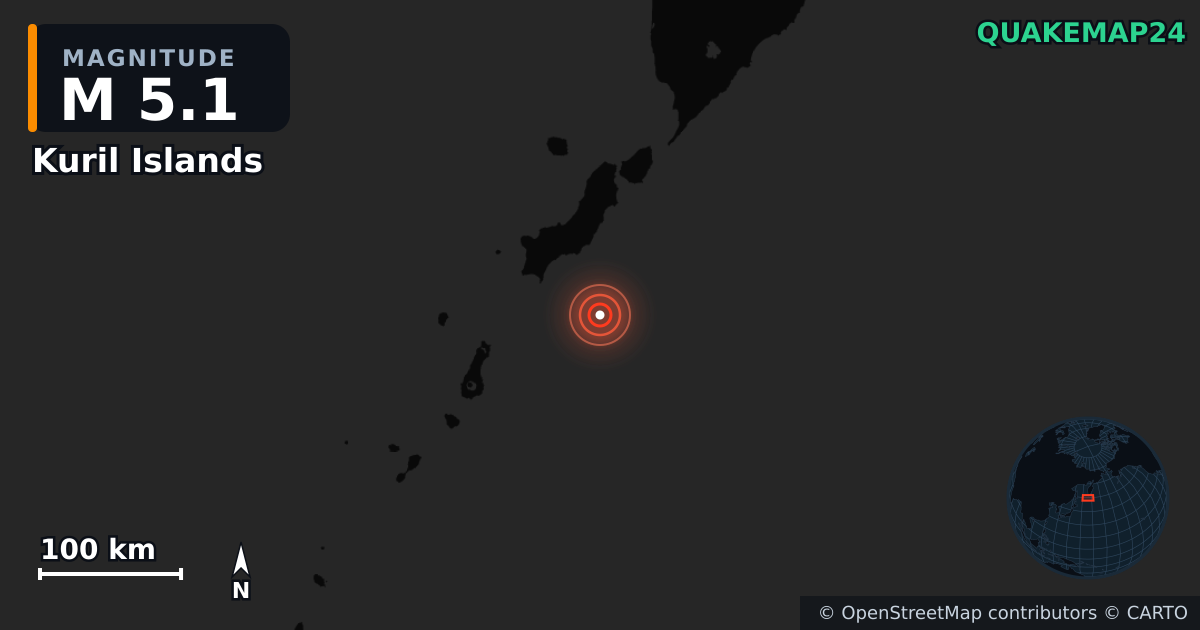 M5.1 earthquake near Kuril Islands on Nov 3, 2025 — map of epicenter and shaking intensity | QuakeMap24