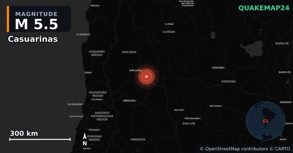 M5.5 earthquake near Casuarinas on Jul 6, 2026 — map of epicenter and shaking intensity | QuakeMap24