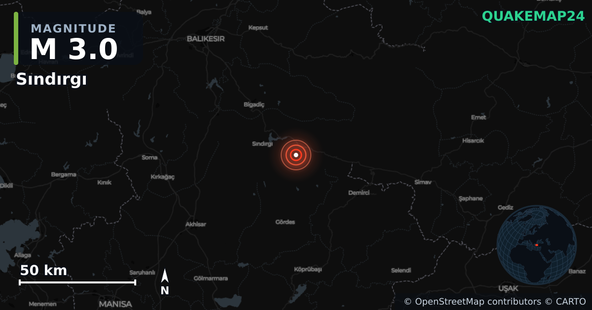 Terremoto de M3,0 cerca de Sındırgı (Turquía) · 2026-01-01 — Mapa de la ubicación del epicentro