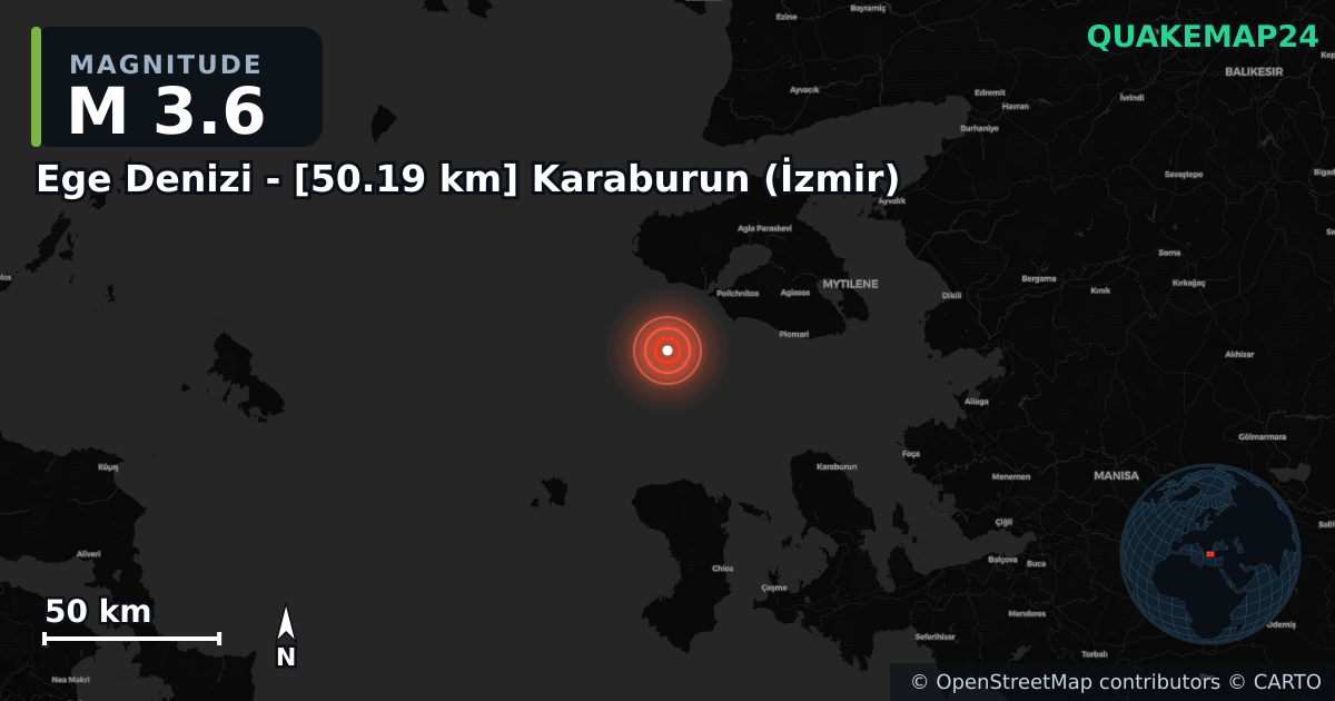 M3.6 earthquake near Ege Denizi - [50.19 km] Karaburun (İzmir) on Apr 6, 2026 — map of epicenter and shaking intensity | QuakeMap24