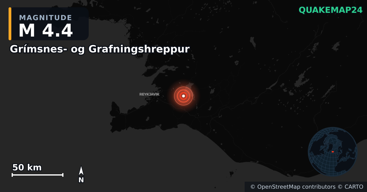 M4.4 earthquake near Grímsnes- og Grafningshreppur on Jun 1, 2026 — map of epicenter and shaking intensity | QuakeMap24
