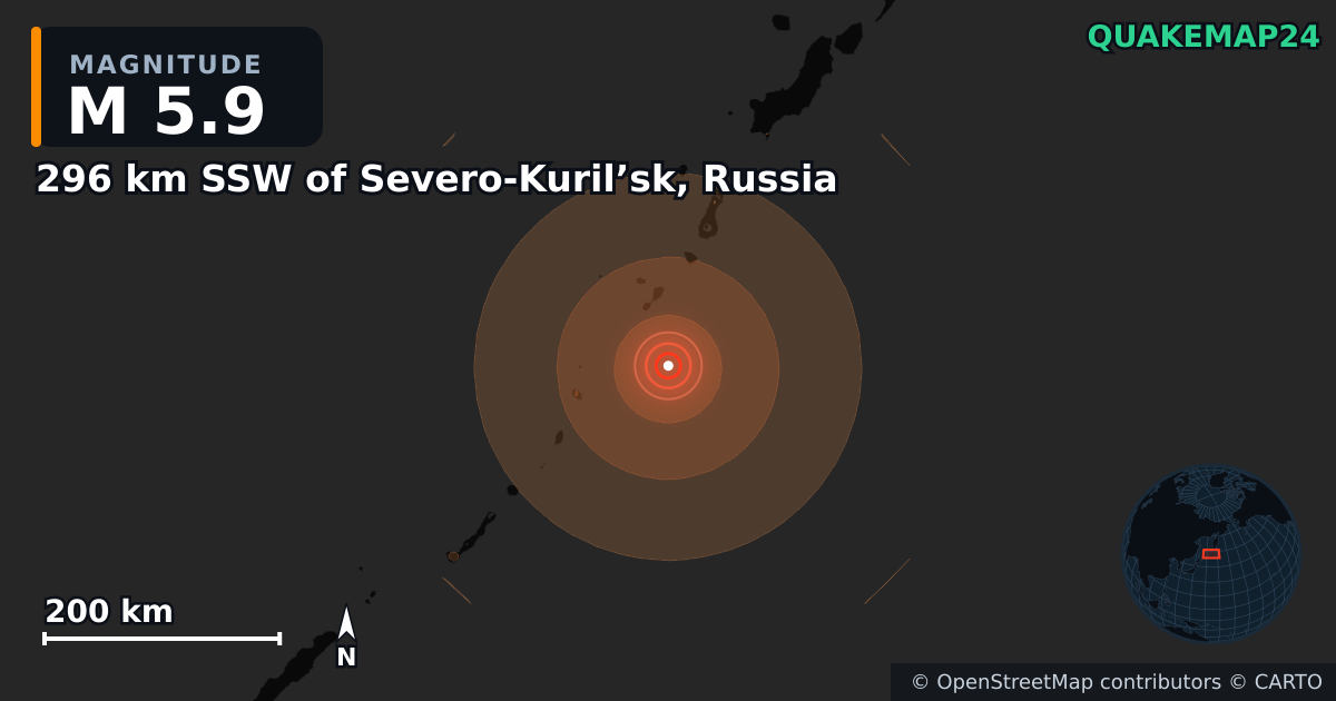 M5.9 earthquake near 296 km SSW of Severo-Kuril’sk, Russia on Jul 3, 2026 — map of epicenter and shaking intensity | QuakeMap24