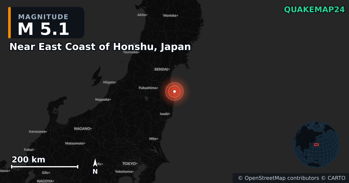 M5.1 earthquake near Near East Coast of Honshu, Japan on Oct 7, 2025 — map of epicenter and shaking intensity | QuakeMap24