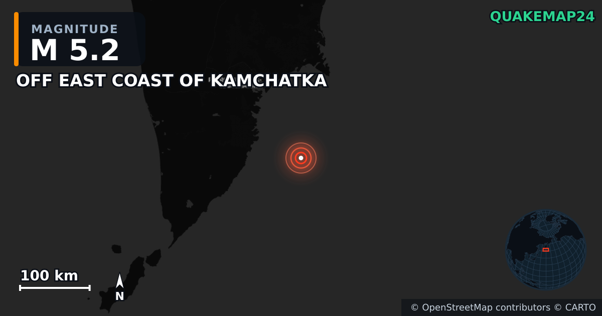 M5.2 earthquake near OFF EAST COAST OF KAMCHATKA on Nov 19, 2025 — map of epicenter and shaking intensity | QuakeMap24