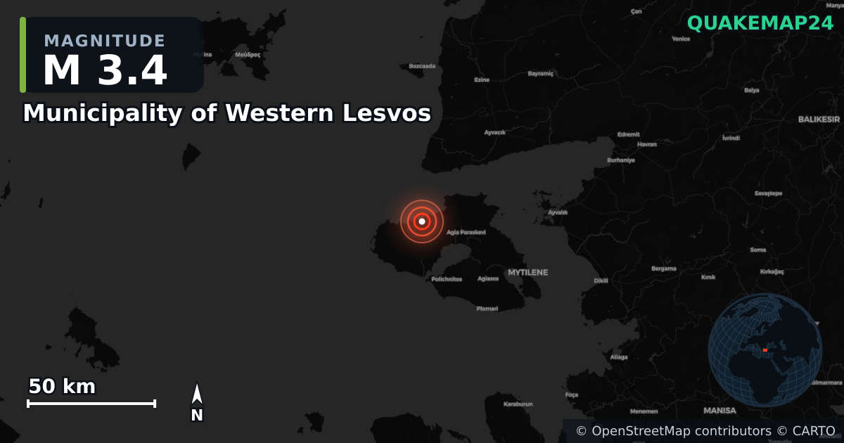 Σεισμός M3,4 κοντά στο Municipality of Western Lesvos, Northern Aegean (Ελλάδα) · 2026-09-30 — Χάρτης της θέσης του επικέντρου