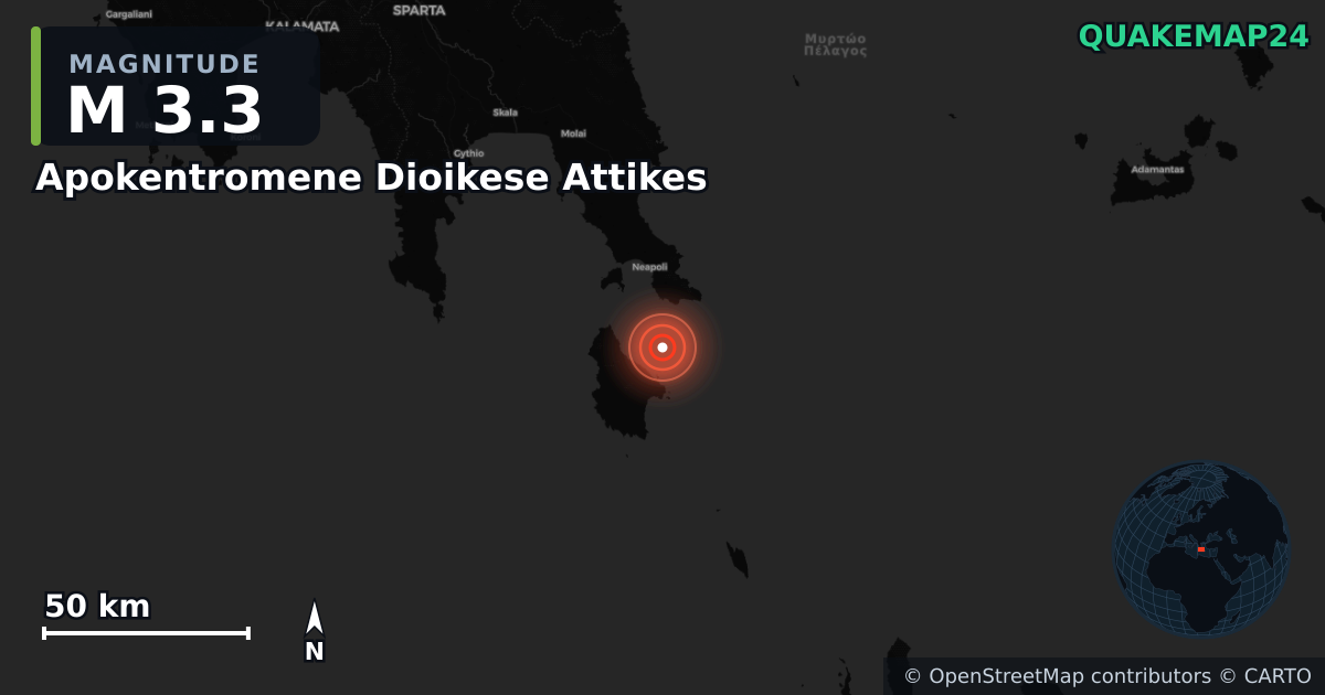 M3.3 earthquake near Apokentromene Dioikese Attikes on Jun 28, 2025 — map of epicenter and shaking intensity | QuakeMap24