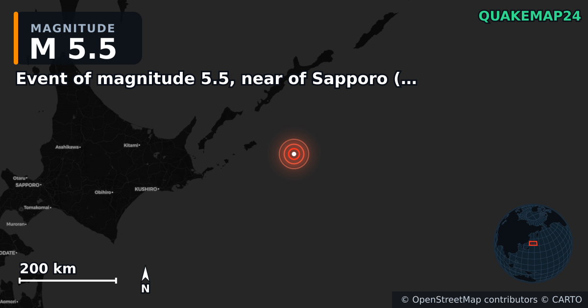 M5.5 earthquake near Event of magnitude 5.5, near of Sapporo (Monde) on Dec 21, 2025 — map of epicenter and shaking intensity | QuakeMap24