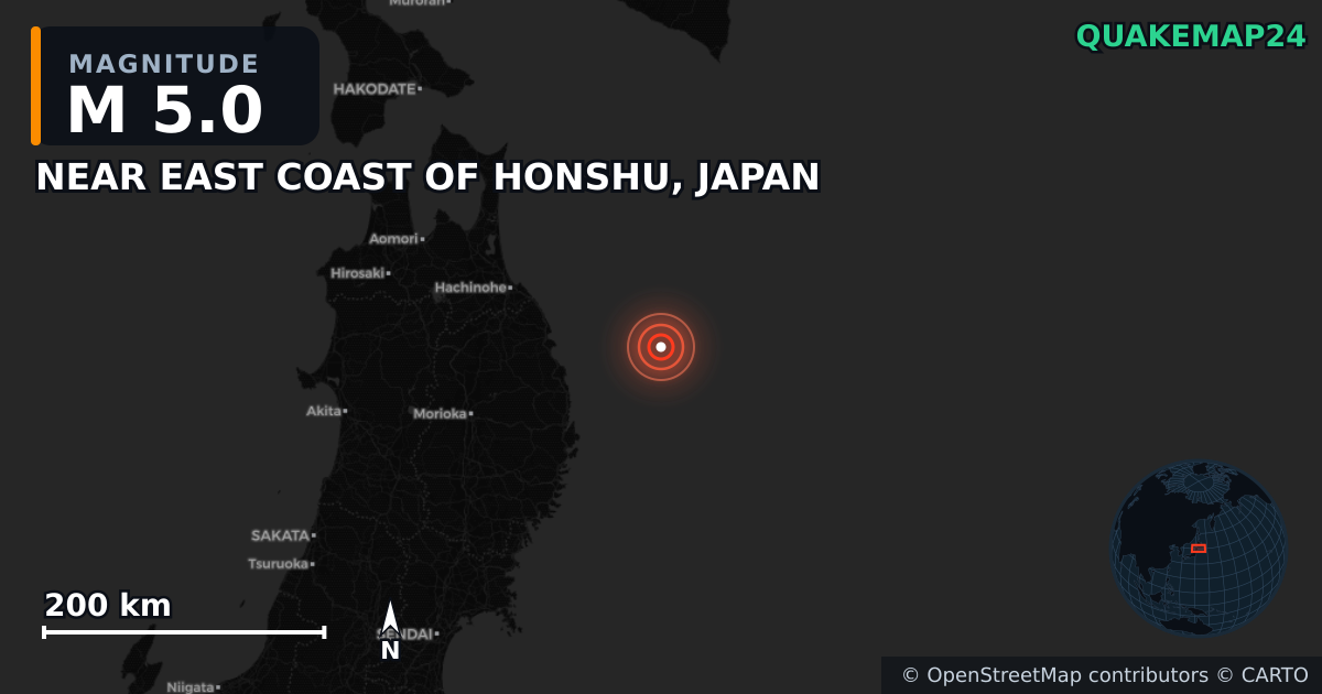 M5.0 earthquake near NEAR EAST COAST OF HONSHU, JAPAN on Apr 24, 2026 — map of epicenter and shaking intensity | QuakeMap24