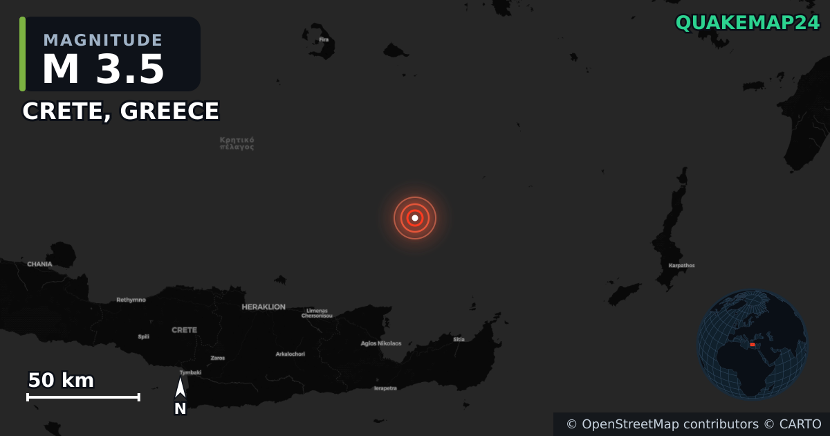 M3.5 earthquake near CRETE, GREECE on May 22, 2025 — map of epicenter and shaking intensity | QuakeMap24