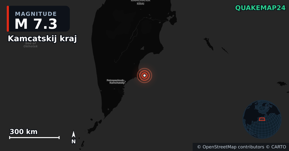 M7.3 earthquake near Kamcatskij kraj on Sep 18, 2025 — map of epicenter and shaking intensity | QuakeMap24