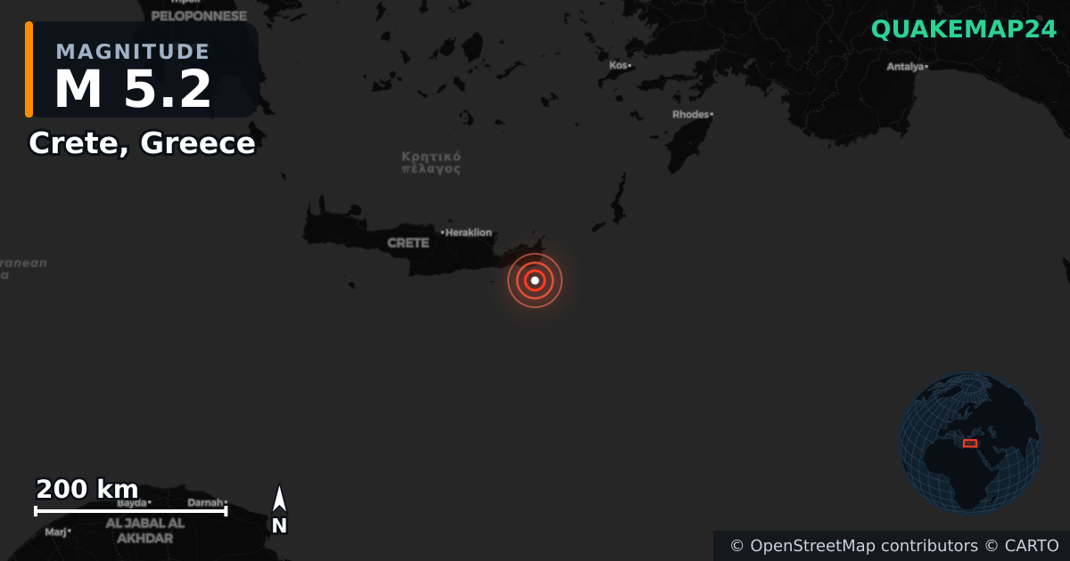 Erdbeben M5,2 bei Crete, Greece — Karte der Lage des Epizentrums