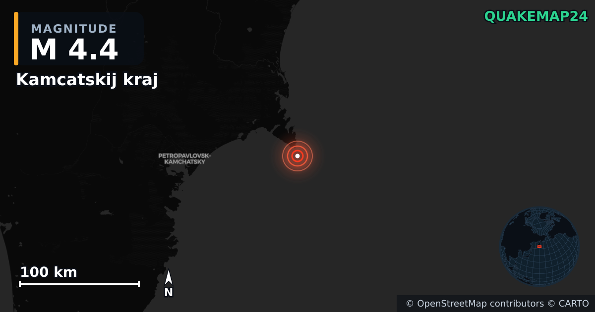 M4.4 earthquake near Kamcatskij kraj on Feb 8, 2026 — map of epicenter and shaking intensity | QuakeMap24