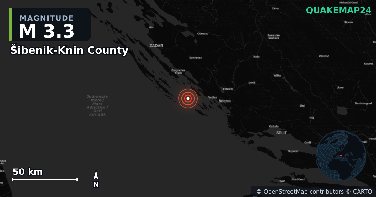 M3.3 earthquake near Šibenik-Knin County on Mar 29, 2026 — map of epicenter and shaking intensity | QuakeMap24