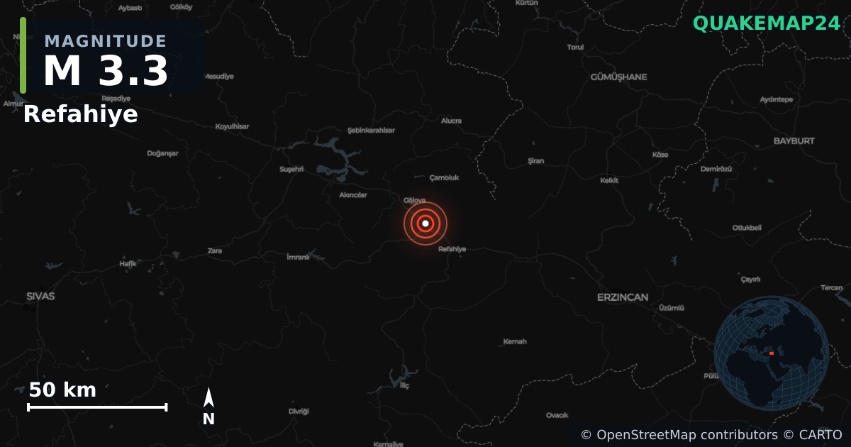 Terremoto de M3,3 cerca de Refahiye (Turquía) · 2025-11-30 — Mapa de la ubicación del epicentro