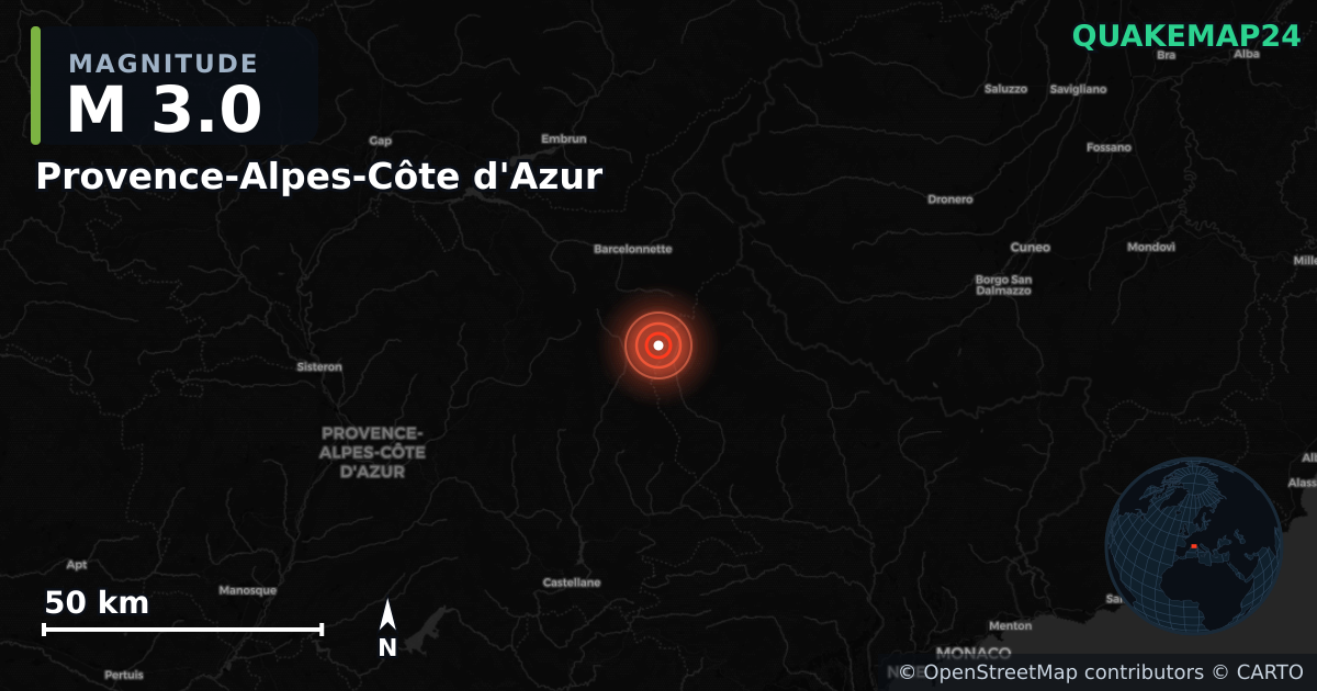 M3.0 earthquake near Provence-Alpes-Côte d'Azur on Jul 31, 2025 — map of epicenter and shaking intensity | QuakeMap24