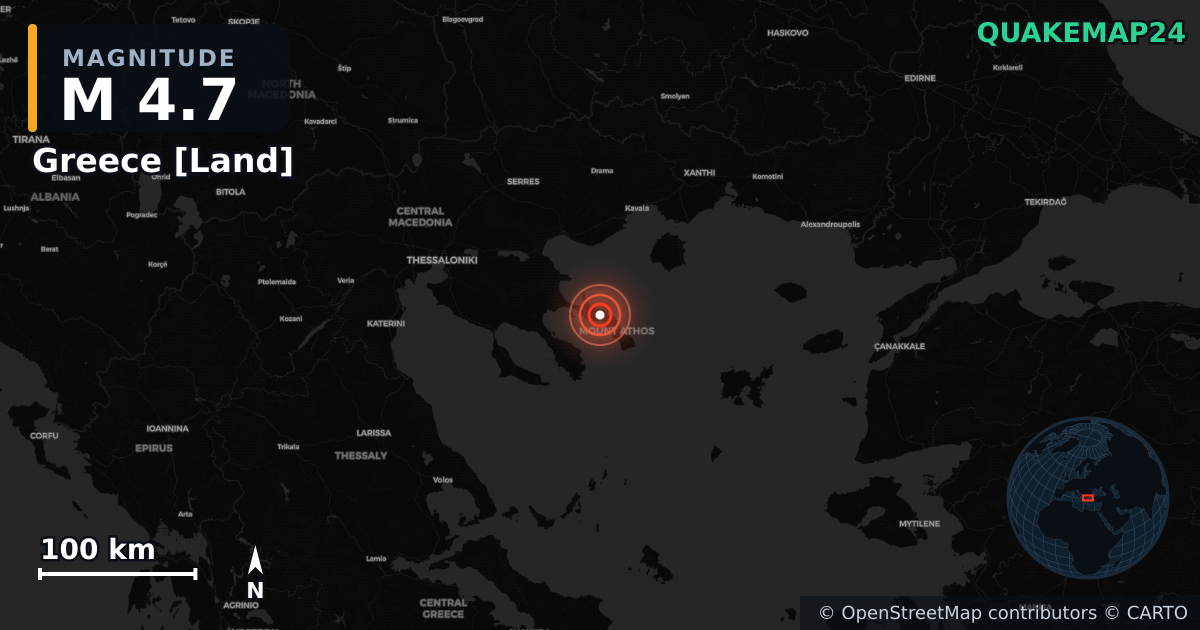 M4.7 earthquake near Greece [Land] on Sep 22, 2025 — map of epicenter and shaking intensity | QuakeMap24