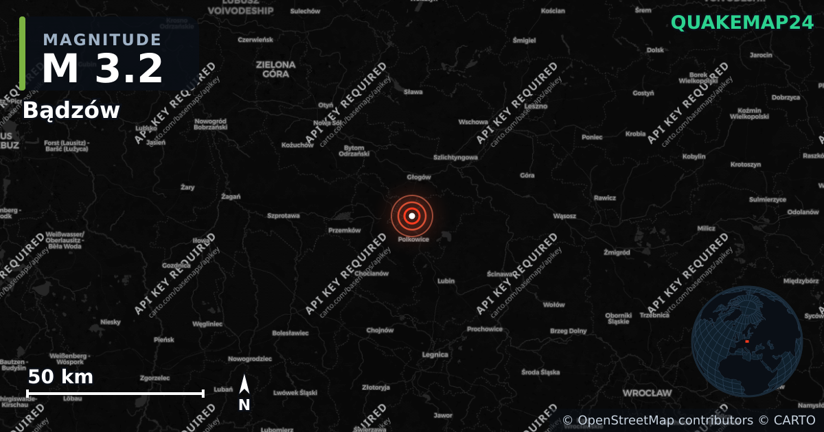 M3.2 earthquake near Bądzów on Jun 16, 2026 — map of epicenter and shaking intensity | QuakeMap24