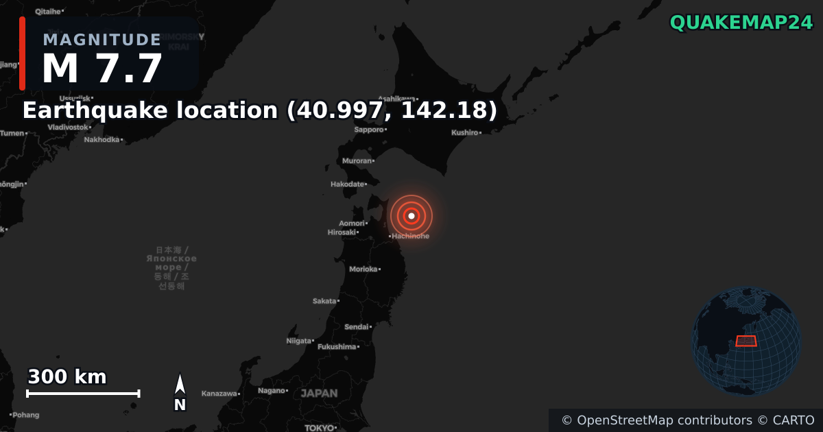 M7.7 earthquake near Deprem konumu (40.997, 142.18) on Dec 8, 2025 — map of epicenter and shaking intensity | QuakeMap24