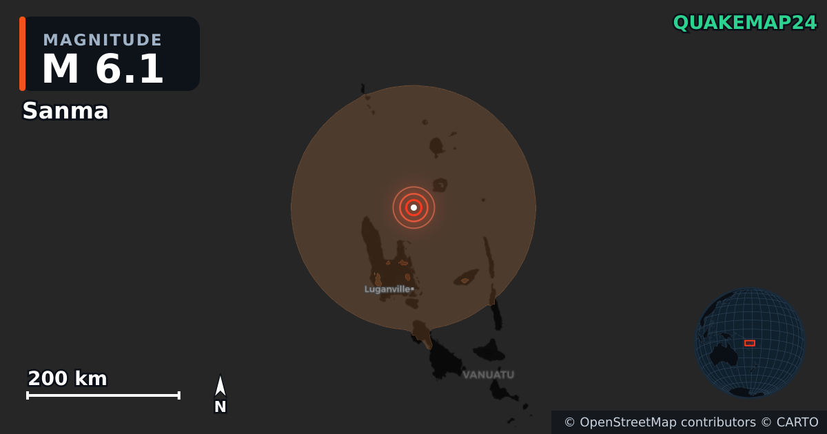 M6.1 earthquake near Sanma on Aug 16, 2026 — map of epicenter and shaking intensity | QuakeMap24