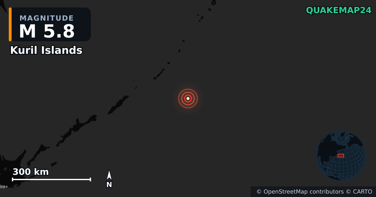 M5.8 earthquake near Kuril Islands on Jun 13, 2025 — map of epicenter and shaking intensity | QuakeMap24