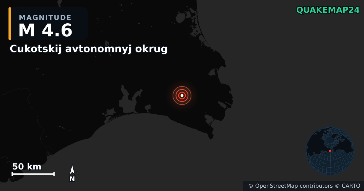 M4.6 earthquake near Cukotskij avtonomnyj okrug on May 12, 2025 — map of epicenter and shaking intensity | QuakeMap24