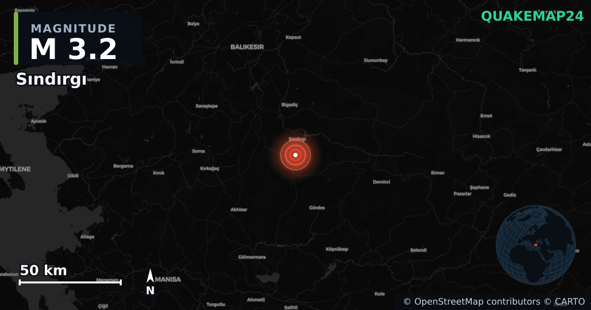 M3.2 earthquake near Sındırgı on Sep 5, 2025 — map of epicenter and shaking intensity | QuakeMap24