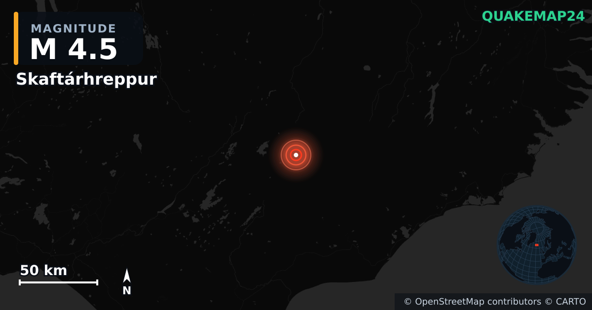 M4.5 earthquake near Skaftárhreppur on Jan 22, 2026 — map of epicenter and shaking intensity | QuakeMap24