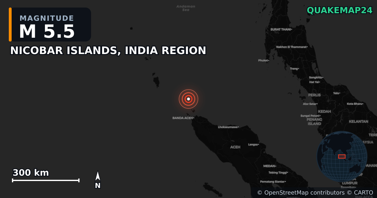 M5.5 earthquake near NICOBAR ISLANDS, INDIA REGION on Jul 5, 2025 — map of epicenter and shaking intensity | QuakeMap24