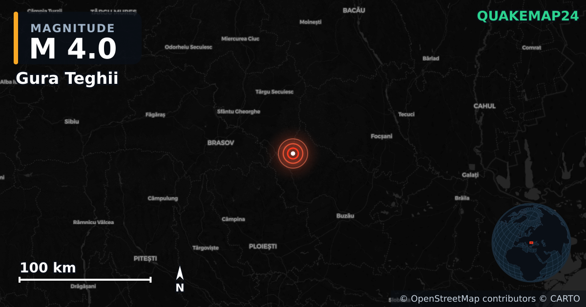 M4.0 earthquake near Gura Teghii on Apr 8, 2026 — map of epicenter and shaking intensity | QuakeMap24