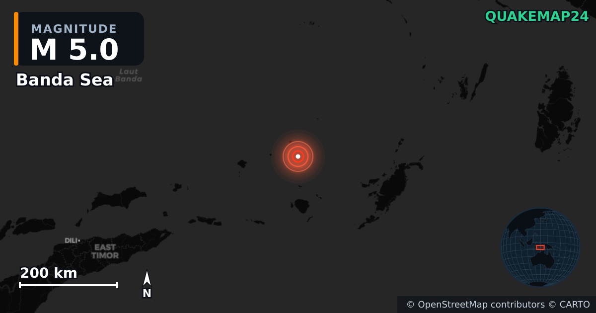 M5.0 earthquake near Banda Sea on Feb 14, 2025 — map of epicenter and shaking intensity | QuakeMap24