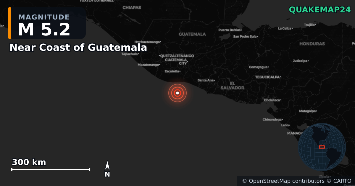 Near Coast of Guatemala yakınında M5,2 deprem — Deprem merkez üssünün konumunu gösteren harita