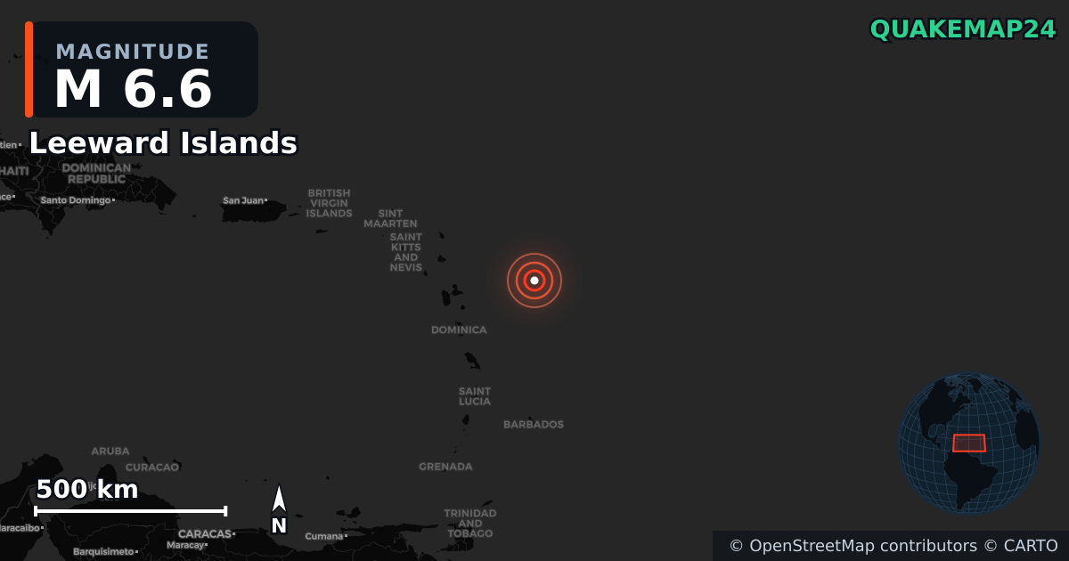 M6.6 Earthquake near Leeward Islands · 2025-10-27 — Map showing the location of the epicenter