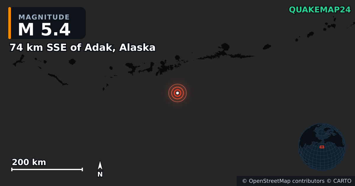 M5.4 earthquake near 74 km SSE of Adak, Alaska on Mar 22, 2025 — map of epicenter and shaking intensity | QuakeMap24