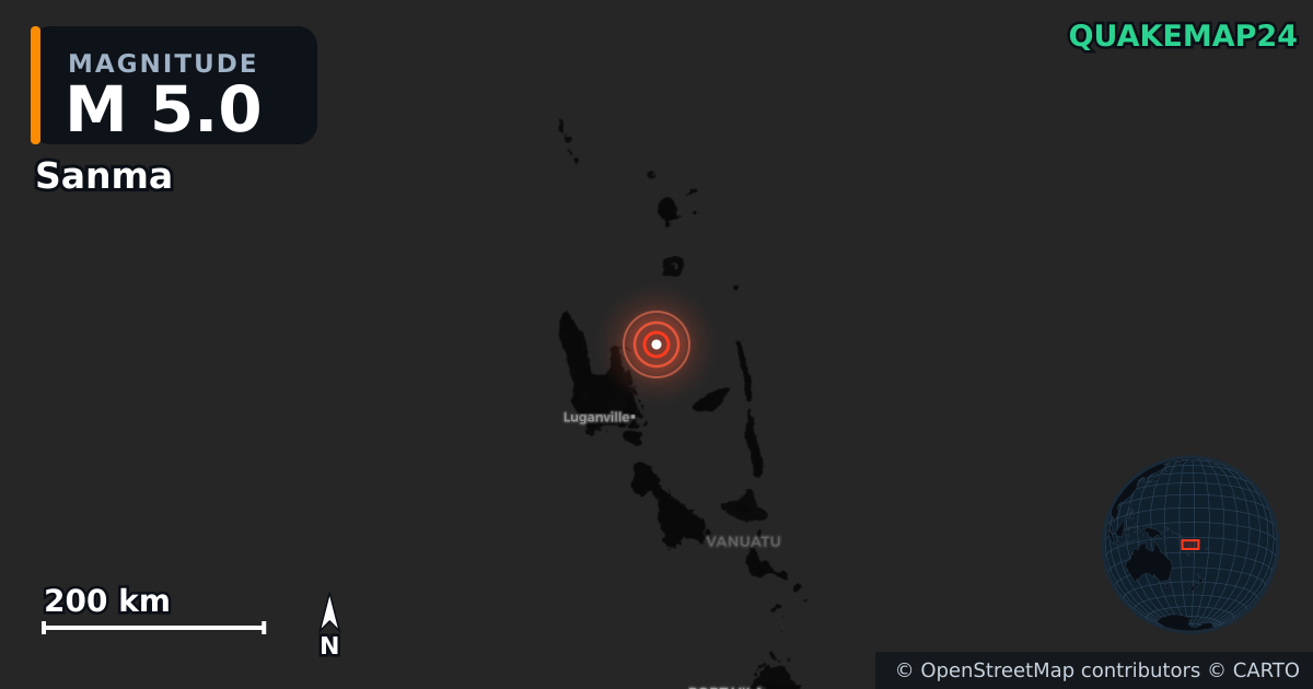 M5.0 earthquake near Sanma on Aug 17, 2025 — map of epicenter and shaking intensity | QuakeMap24