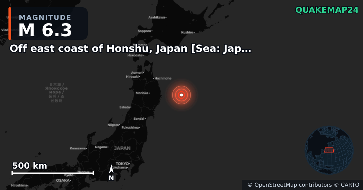 M6.3 earthquake near Off east coast of Honshu, Japan [Sea: Japan] on Nov 10, 2025 — map of epicenter and shaking intensity | QuakeMap24