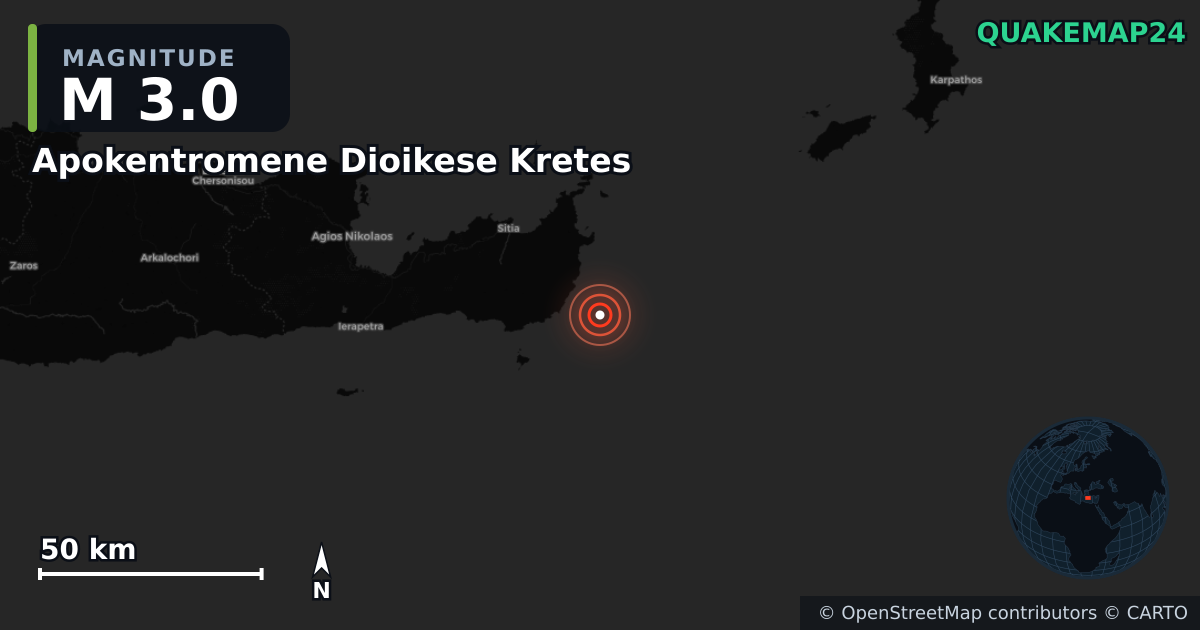 M3.0 earthquake near Apokentromene Dioikese Kretes on Jul 22, 2025 — map of epicenter and shaking intensity | QuakeMap24
