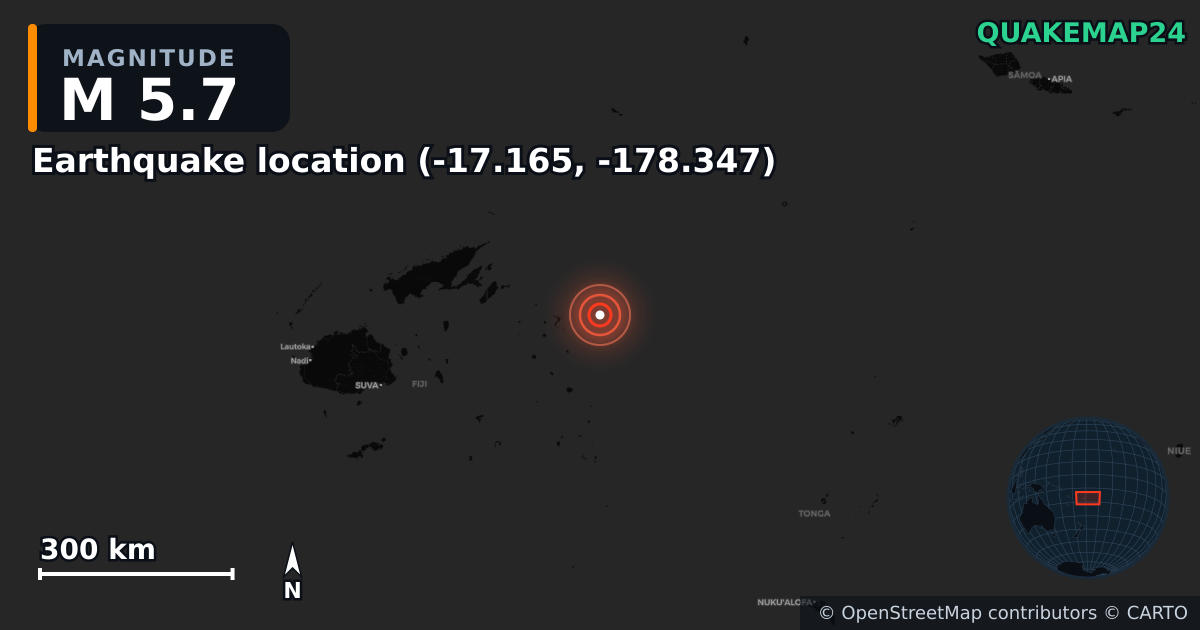 M5.7 earthquake near Erdbeben-Standort (-17.165, -178.347) on May 15, 2026 — map of epicenter and shaking intensity | QuakeMap24