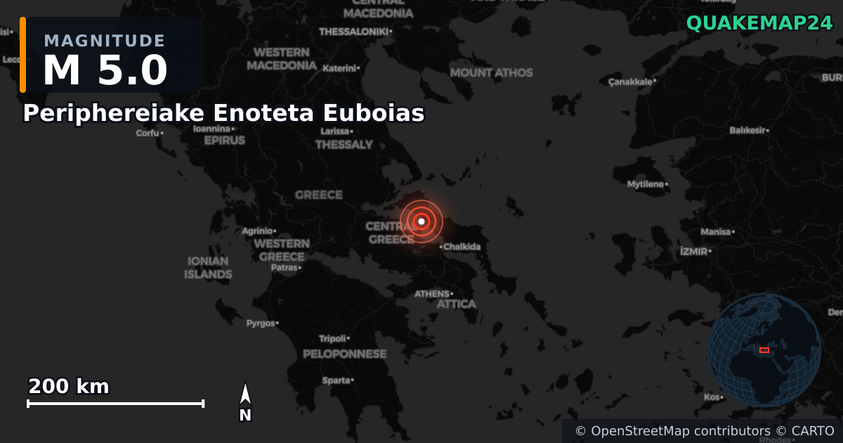 M5.0 earthquake near Periphereiake Enoteta Euboias on Jun 7, 2026 — map of epicenter and shaking intensity | QuakeMap24