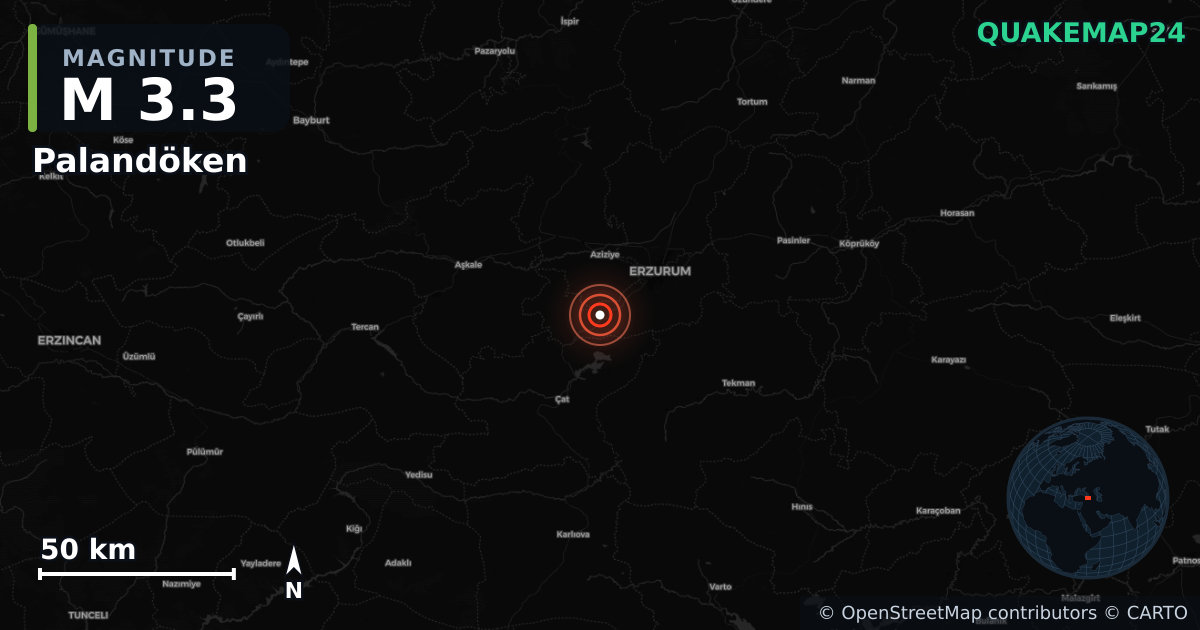 Sismo de M3,3 perto de Palandöken, Erzurum (Turquia) · 2026-06-20 — Mapa da localização do epicentro