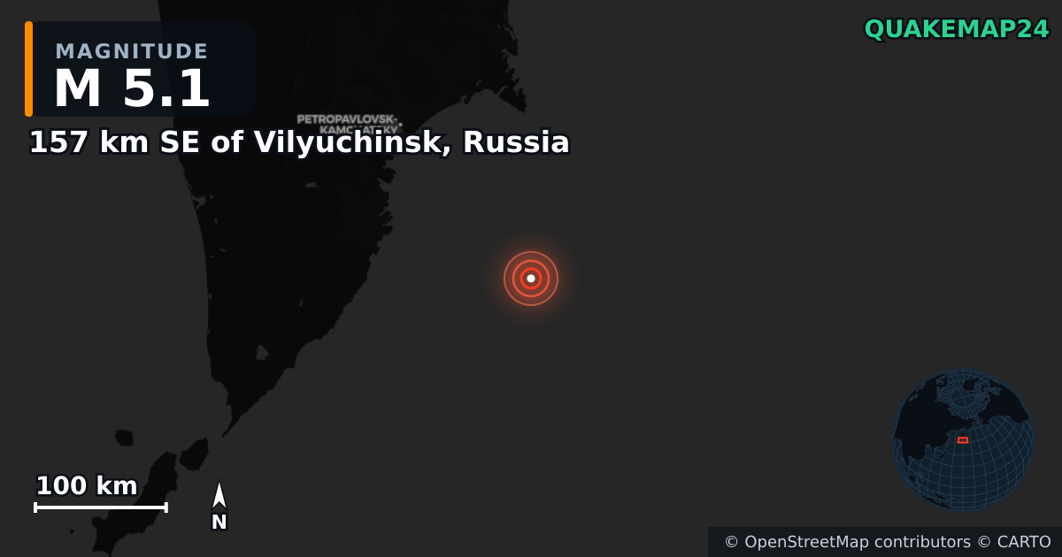 M5.1 earthquake near 157 km SE of Vilyuchinsk, Russia on Jul 30, 2025 — map of epicenter and shaking intensity | QuakeMap24