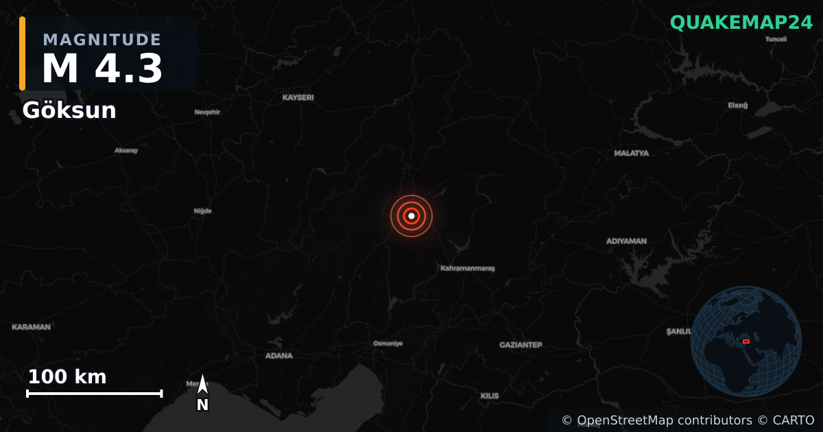 Göksun, Kahramanmaraş (Türkiye) yakınında M4,3 deprem · 2026-10-04 — Deprem merkez üssünün konumunu gösteren harita