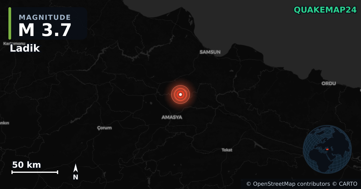 M3.7 earthquake near Ladik on Jul 15, 2025 — map of epicenter and shaking intensity | QuakeMap24
