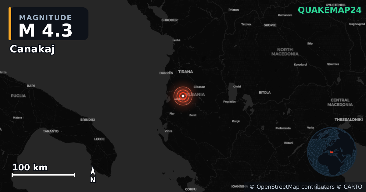 M4.3 earthquake near Canakaj on Feb 24, 2026 — map of epicenter and shaking intensity | QuakeMap24
