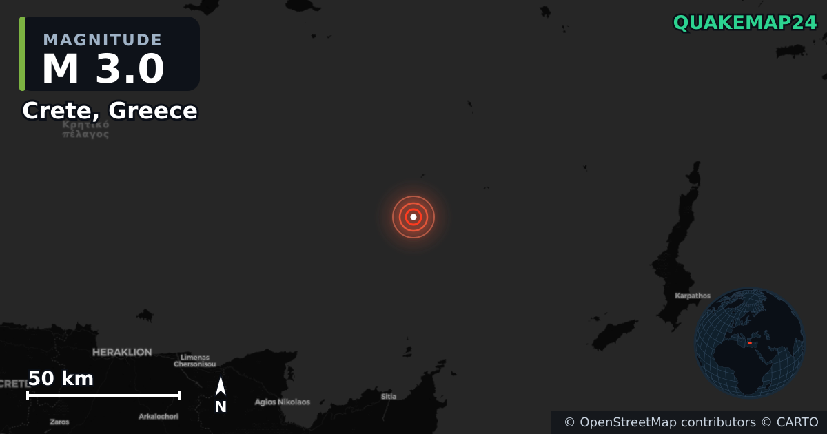 M3.0 earthquake near Crete, Greece on Sep 26, 2025 — map of epicenter and shaking intensity | QuakeMap24