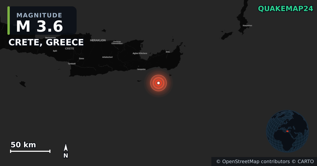 M3.6 earthquake near CRETE, GREECE on Apr 24, 2026 — map of epicenter and shaking intensity | QuakeMap24