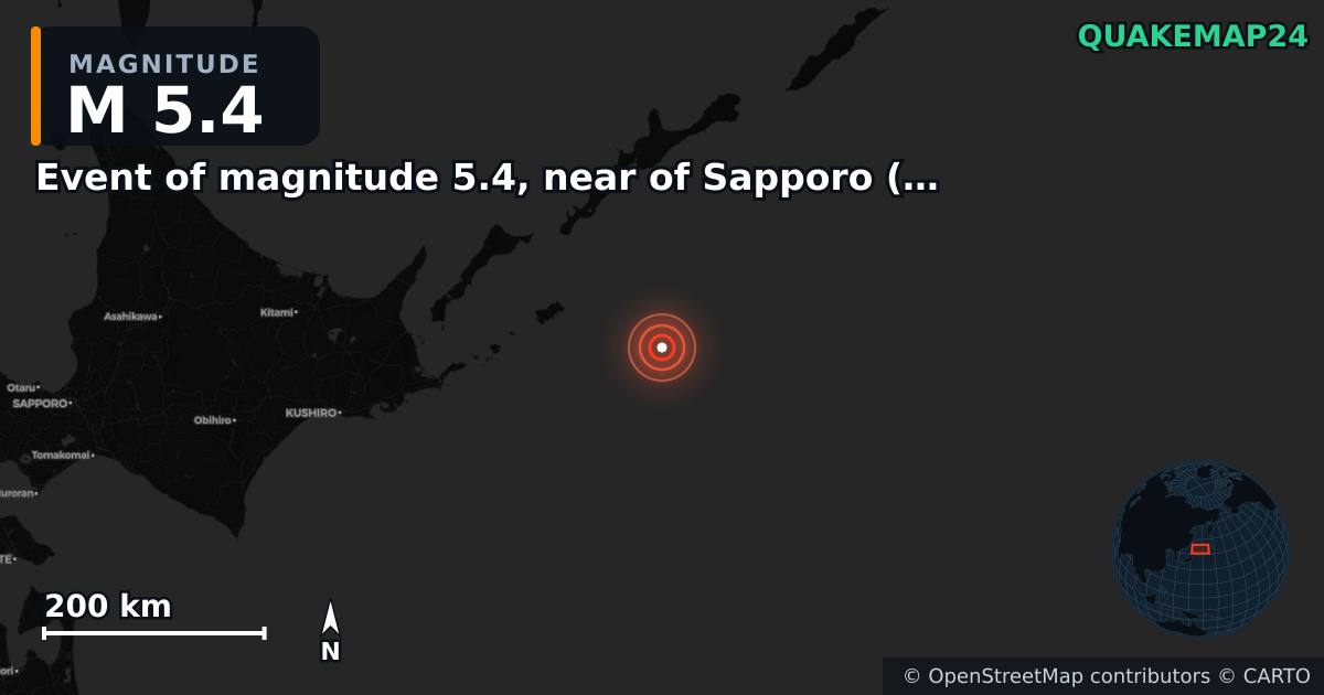 M5.4 earthquake near Event of magnitude 5.4, near of Sapporo (Monde) on Dec 21, 2025 — map of epicenter and shaking intensity | QuakeMap24