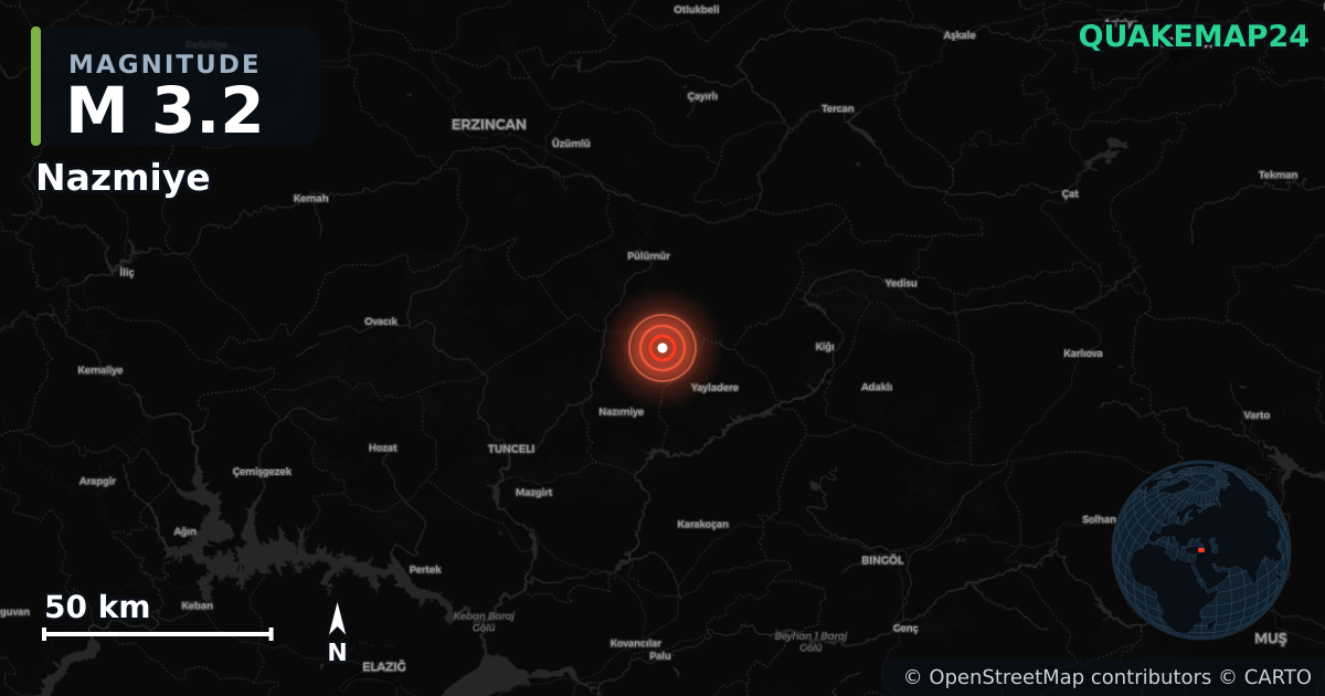 Sismo de M3,2 perto de Nazmiye, Tunceli (Turquia) · 2026-06-19 — Mapa da localização do epicentro