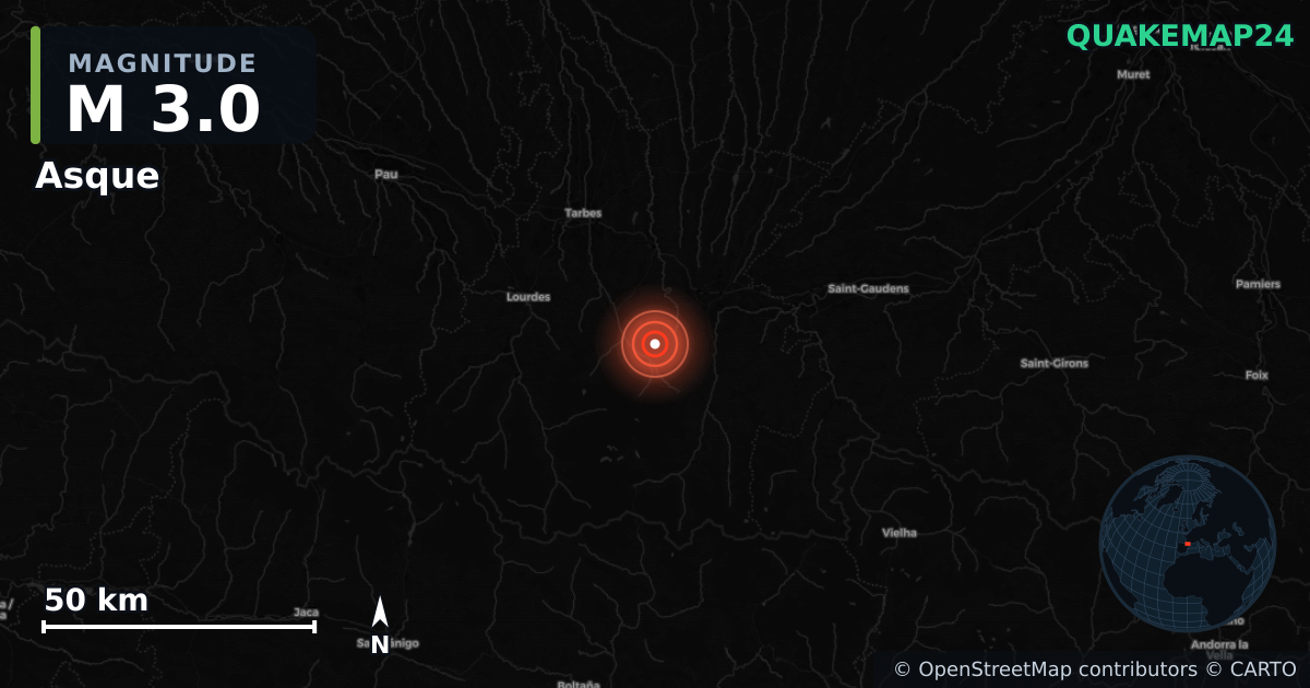 M3.0 earthquake near Asque on Aug 6, 2026 — map of epicenter and shaking intensity | QuakeMap24
