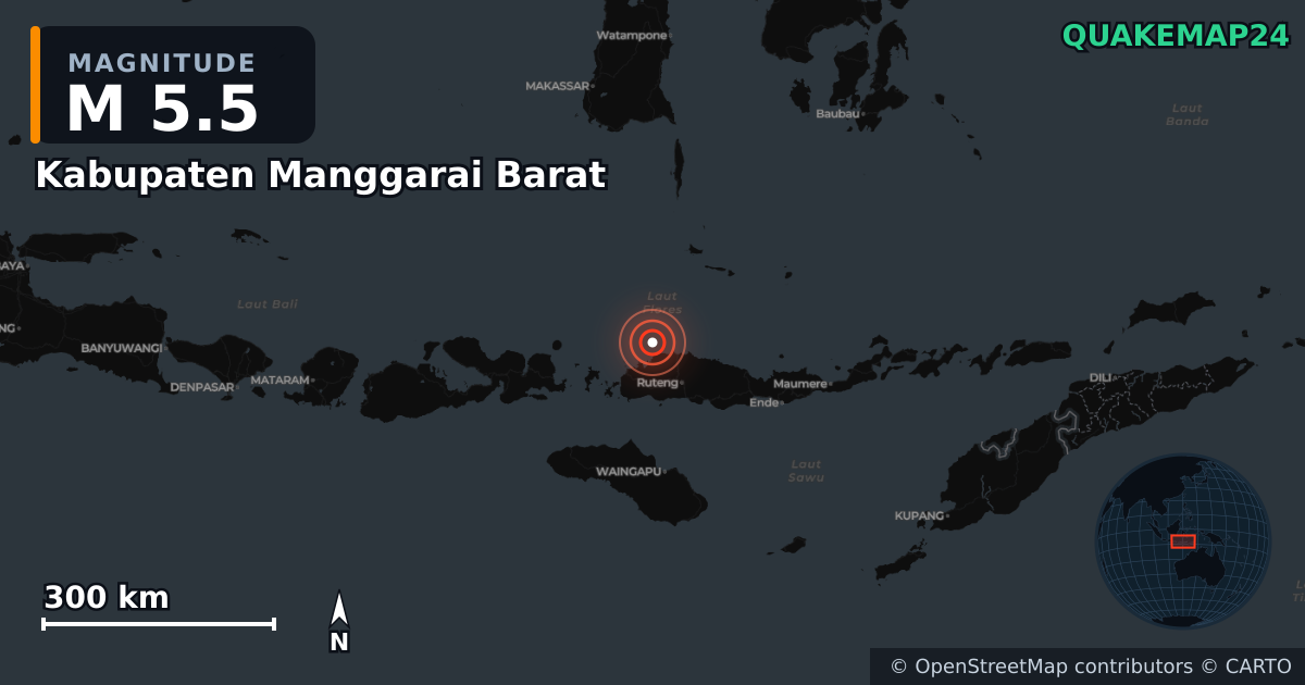Sismo de M5,5 perto de Kabupaten Manggarai Barat, East Nusa Tenggara (Indonésia) · 2026-08-14 — Mapa da localização do epicentro