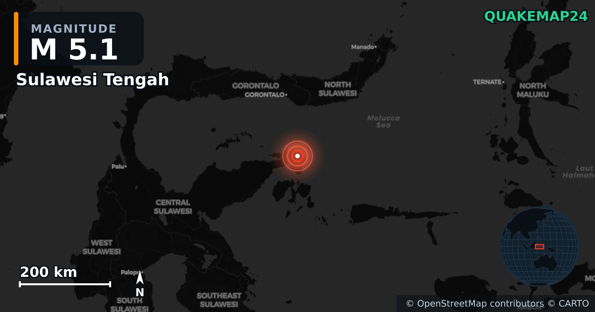 M5.1 earthquake near Sulawesi Tengah on Jul 19, 2025 — map of epicenter and shaking intensity | QuakeMap24